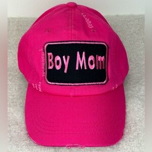 Boy Mom Dad Cap Hot Pink Distressed w/ Embroidered Patch Hand Crafted